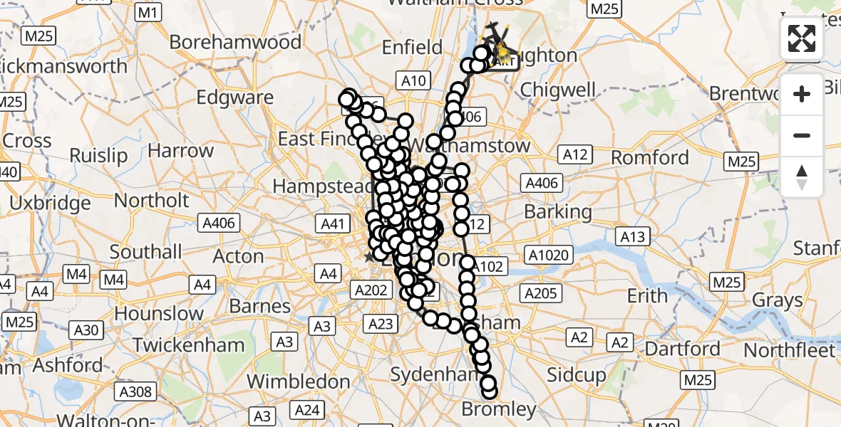 Flight route Police Helicopter Sewardstonebury - Sewardstonebury, 09 July 2026, 14:39