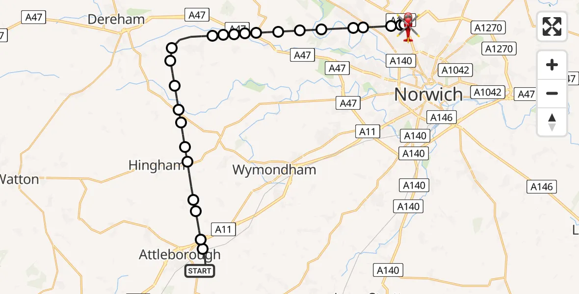 Flight route Air Ambulance Helicopter Attleborough - Norwich Airport, 09 July 2026, 14:41