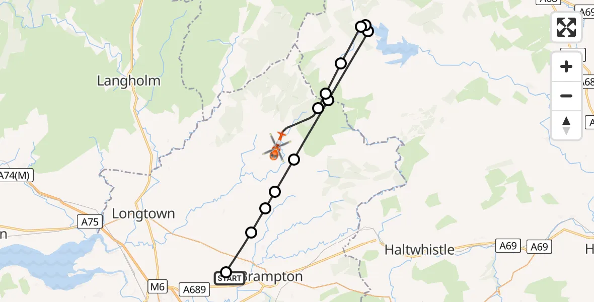 Flight route Coastguard Helicopter Carlisle Lake District Airport - Bewcastle, 09 July 2026, 14:48