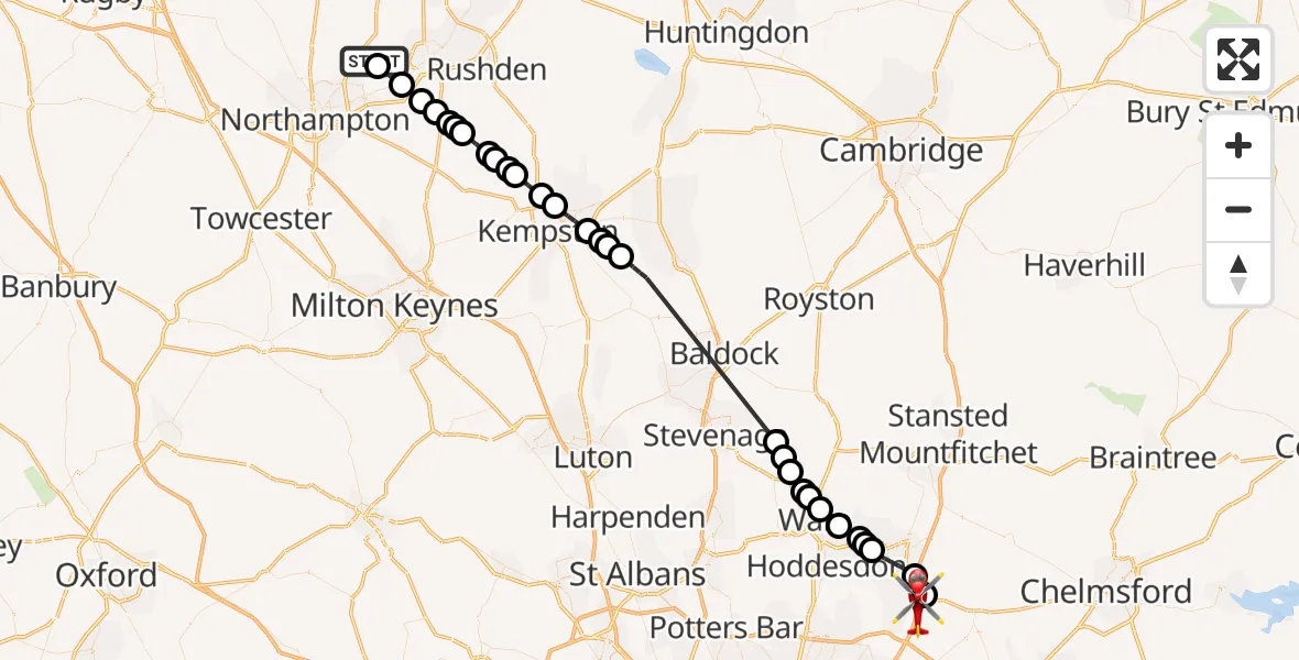 Flight route Air Ambulance Helicopter Sywell Aerodrome - North Weald Airfield, 09 July 2026, 14:49