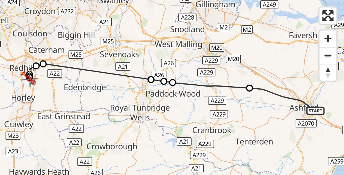 Flight route Air Ambulance Helicopter Ashford - Redhill Aerodrome, 09 July 2026, 14:51