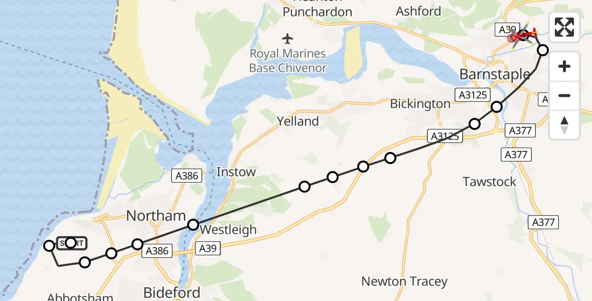 Flight route Air Ambulance Helicopter Lake Heliport Abbotsham - North Devon Hospital, 09 July 2026, 14:51