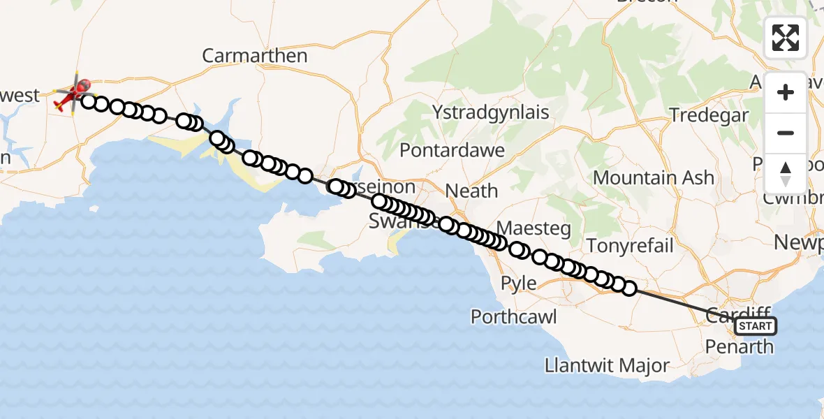 Flight route Air Ambulance Helicopter Cardiff Heliport - Narberth, 09 July 2026, 15:01