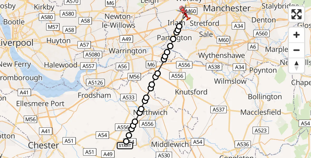 Flight route Air Ambulance Helicopter Little Budworth - Manchester Barton Aerodrome, 09 July 2026, 15:08