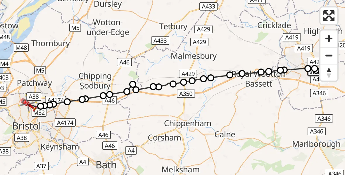 Flight route Air Ambulance Helicopter Eldene - Bristol, 09 July 2026, 15:21