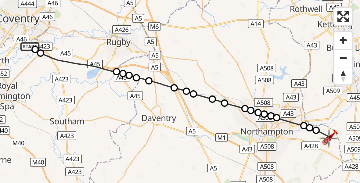 Flight route Air Ambulance Helicopter Coventry Airport - Castle Ashby, 09 July 2026, 15:26