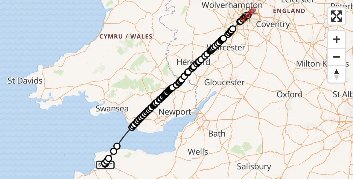 Flight route Air Ambulance Helicopter North Devon Hospital - Nechells, 09 July 2026, 15:31