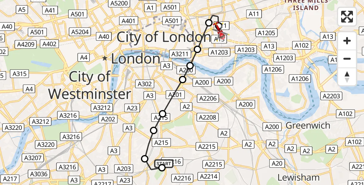 Flight route Air Ambulance Helicopter Kings College London Hospital - Royal London Hospital, 09 July 2026, 15:43
