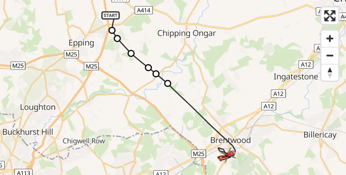 Flight route Air Ambulance Helicopter North Weald Airfield - Brentwood, 09 July 2026, 15:46