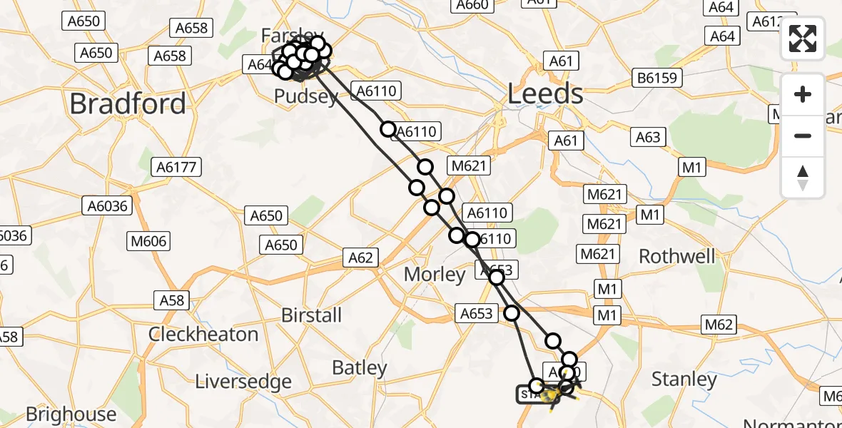 Flight route Police Helicopter East Ardsley - East Ardsley, 09 July 2026, 15:47