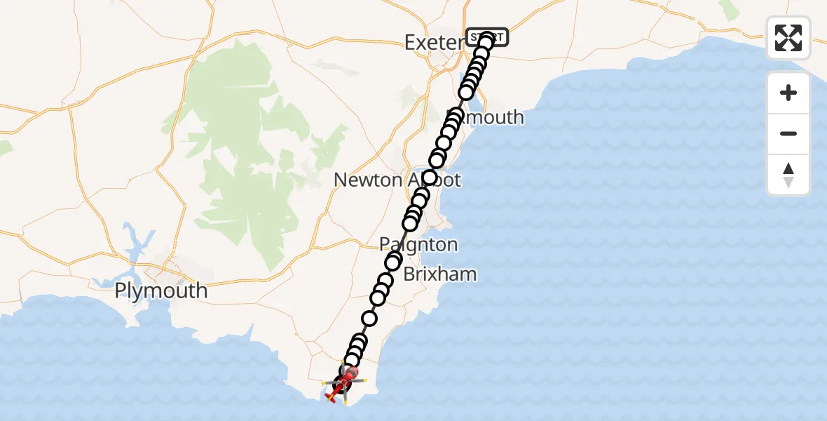 Flight route Air Ambulance Helicopter Exeter International Airport - South Pool, 09 July 2026, 15:57