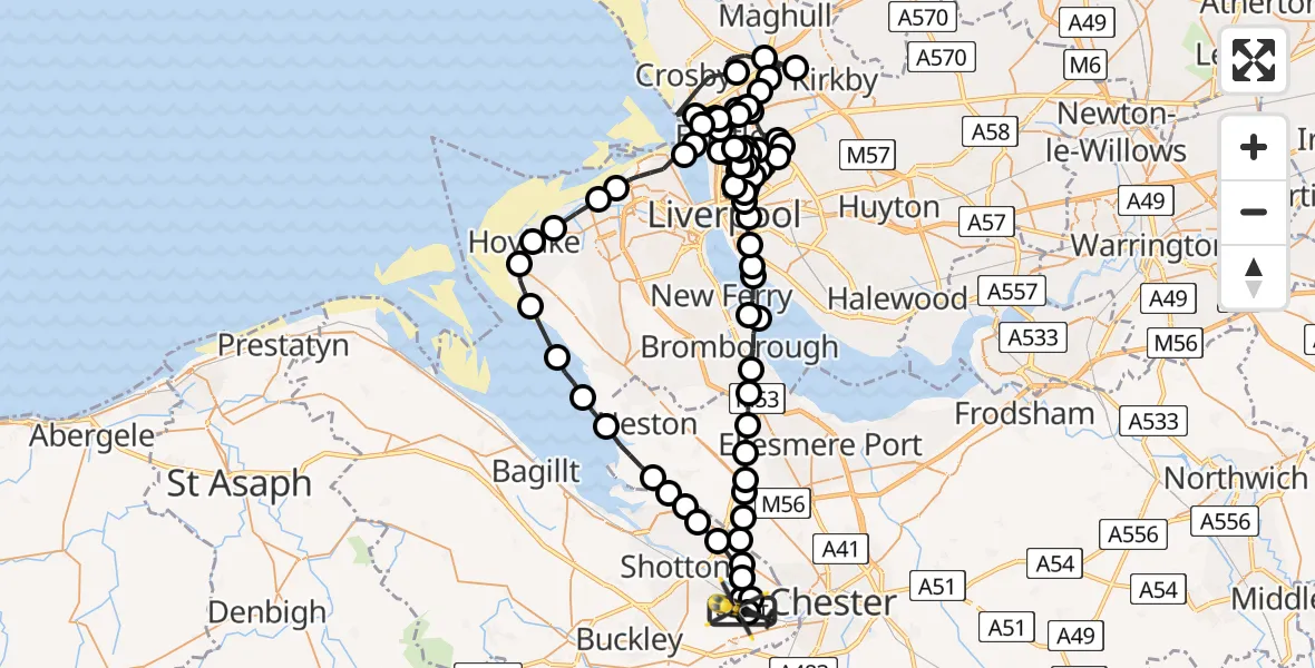 Flight route Police Helicopter Hawarden Airport - Hawarden Airport, 09 July 2026, 15:58