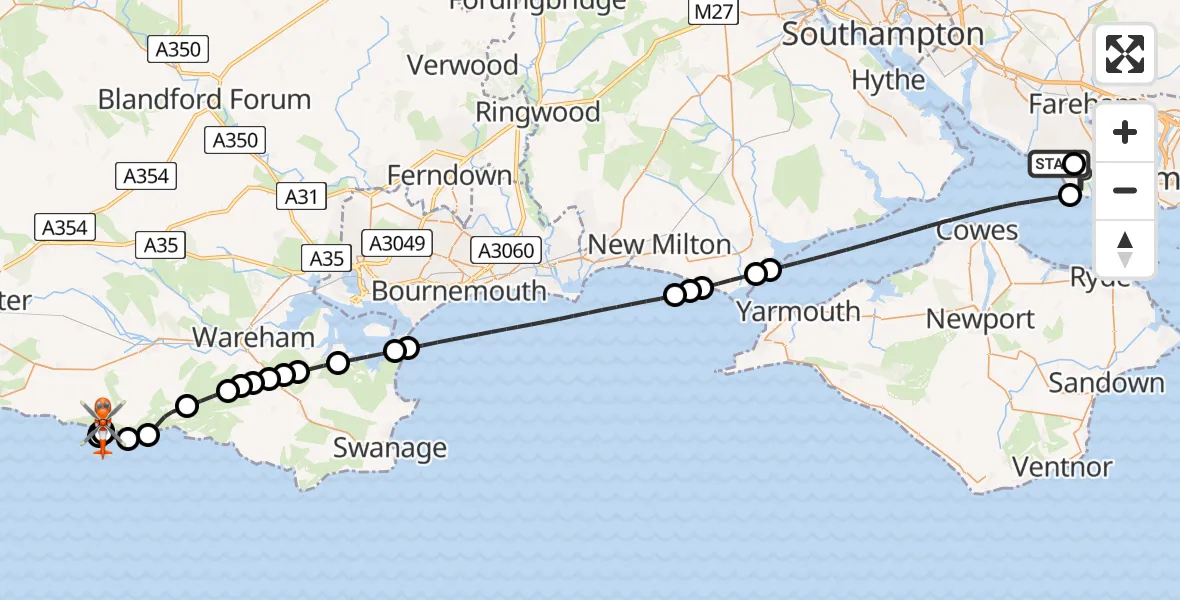 Flight route Coastguard Helicopter Solent Airport - West Lulworth, 09 July 2026, 15:59