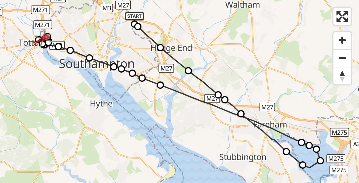 Flight route Air Ambulance Helicopter Southampton Airport - Southampton, 09 July 2026, 16:03