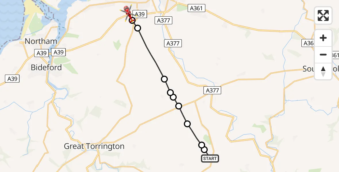 Flight route Air Ambulance Helicopter North Devon - Bickington, 09 July 2026, 16:05