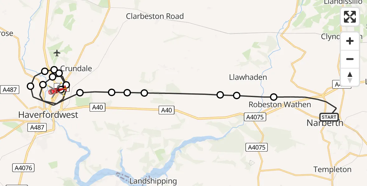 Flight route Air Ambulance Helicopter Narberth - Haverfordwest, 09 July 2026, 16:14