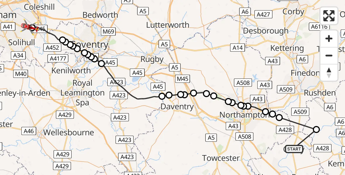 Flight route Air Ambulance Helicopter Olney - Birmingham Airport, 09 July 2026, 16:17