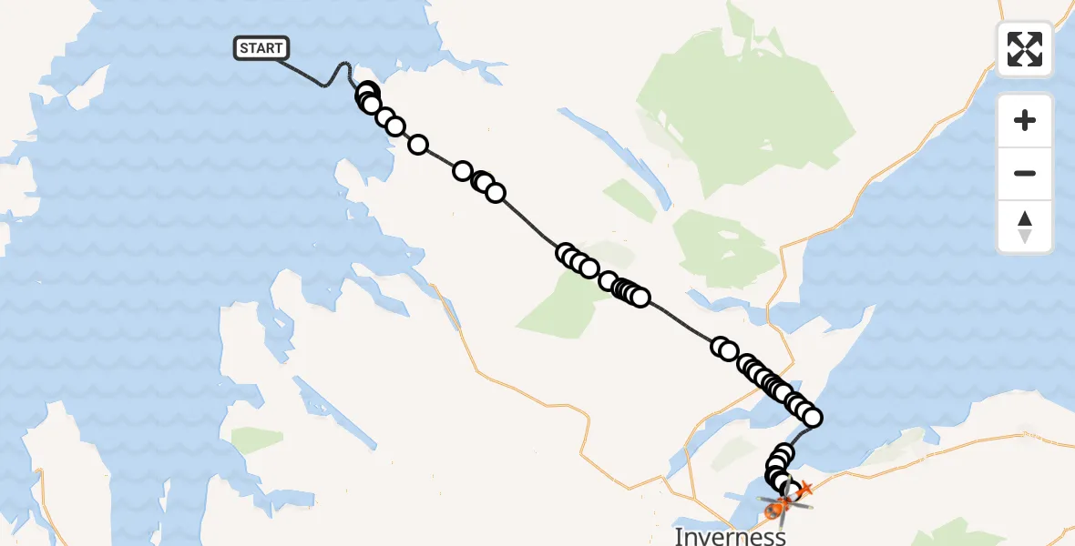 Flight route Coastguard Helicopter Inner Seas - Inverness Airport, 09 July 2026, 16:26