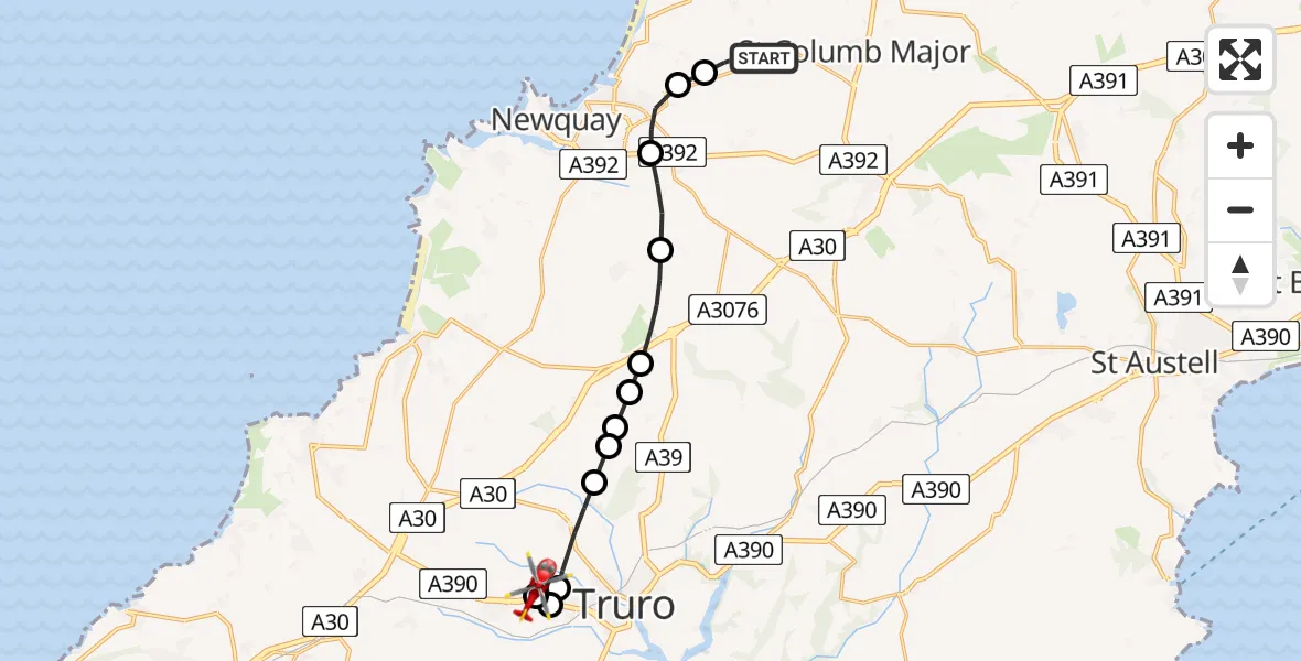 Flight route Air Ambulance Helicopter Cornwall Airport Newquay - Treliske Hospital, 09 July 2026, 16:26