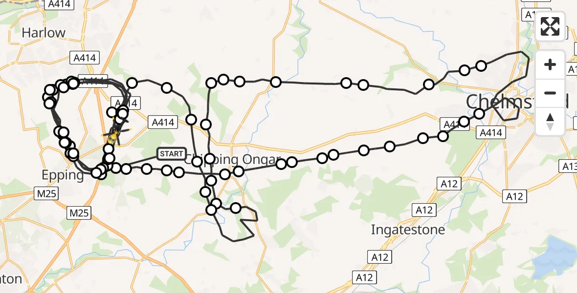 Flight route Police Helicopter Greensted Green - North Weald Airfield, 09 July 2026, 16:30