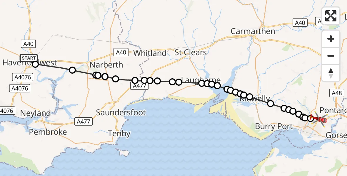 Flight route Air Ambulance Helicopter Haverfordwest - Dafen, 09 July 2026, 16:40