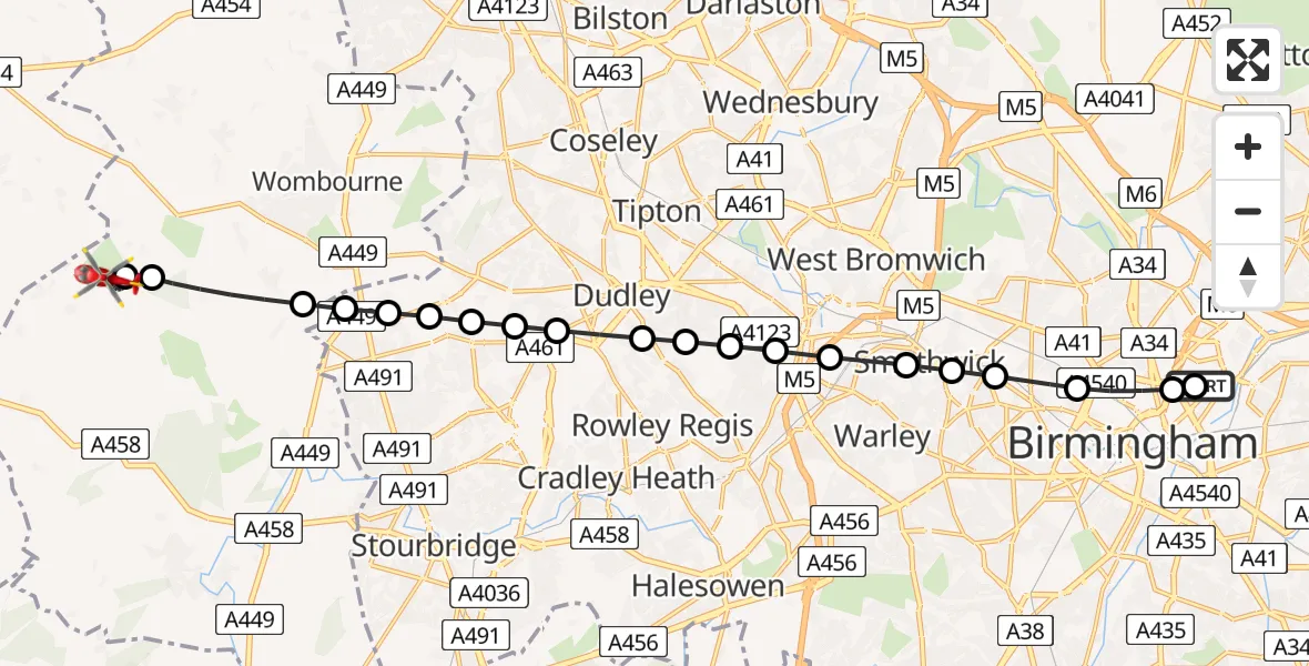 Flight route Air Ambulance Helicopter Nechells - Wolverhampton Halfpenny Green Airport, 09 July 2026, 16:46