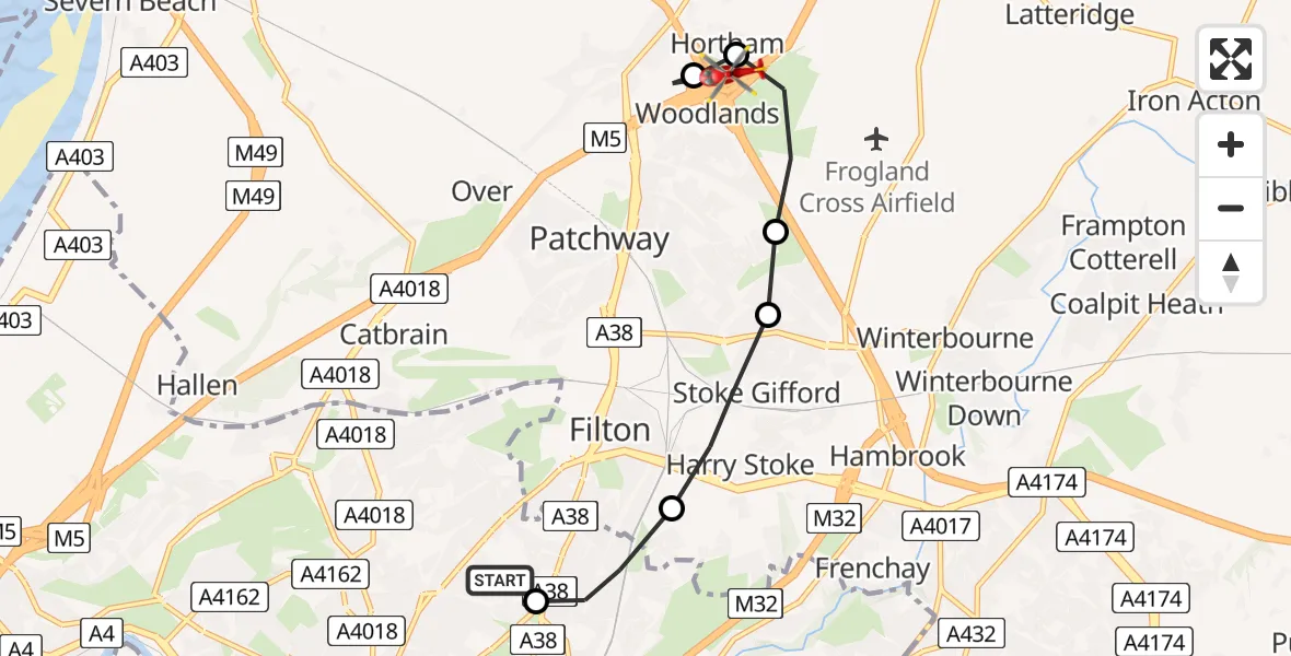 Flight route Air Ambulance Helicopter Southmead Hospital - Hortham, 09 July 2026, 16:48