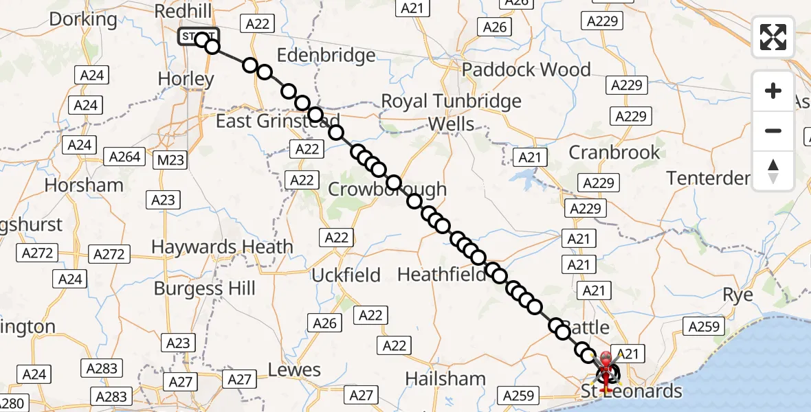 Flight route Air Ambulance Helicopter Redhill Aerodrome - Rother, 09 July 2026, 16:53