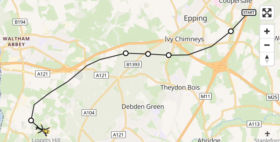 Flight route Police Helicopter Coopersale - Metropolitan Police Air Support Unit Lippitts Hill, 09 July 2026, 16:53