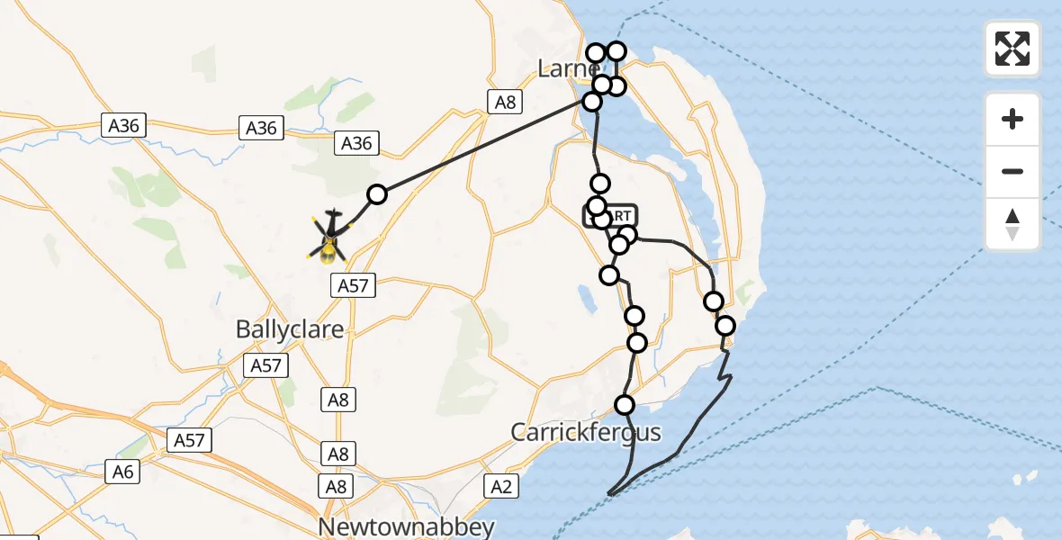 Flight route Police Helicopter Craigstown Meadow - Ballyclare, 09 July 2026, 16:53