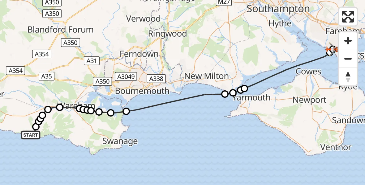 Flight route Coastguard Helicopter West Lulworth - Solent Airport, 09 July 2026, 17:00