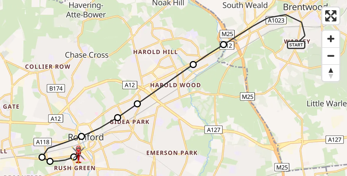 Flight route Air Ambulance Helicopter Brentwood - Queens Hospital Romford, 09 July 2026, 17:01