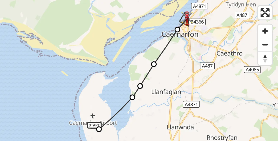 Flight route Air Ambulance Helicopter Caernarfon Airport - Caernarfon, 09 July 2026, 17:02
