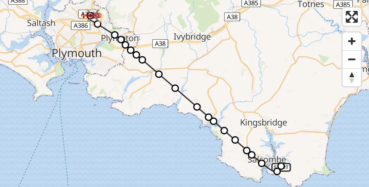 Flight route Air Ambulance Helicopter East Portlemouth - Derriford Hospital, 09 July 2026, 17:06
