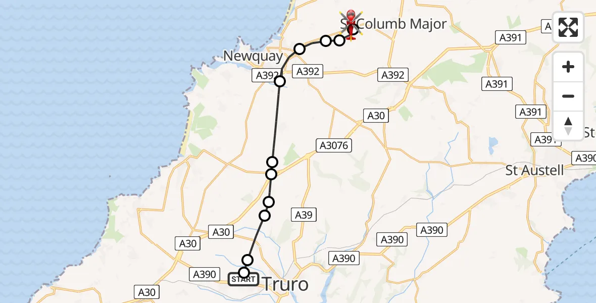 Flight route Air Ambulance Helicopter Treliske Hospital - Cornwall Airport Newquay, 09 July 2026, 17:08