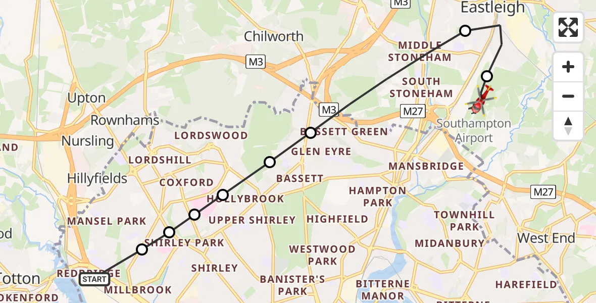 Flight route Air Ambulance Helicopter Redbridge - Southampton Airport, 09 July 2026, 17:21