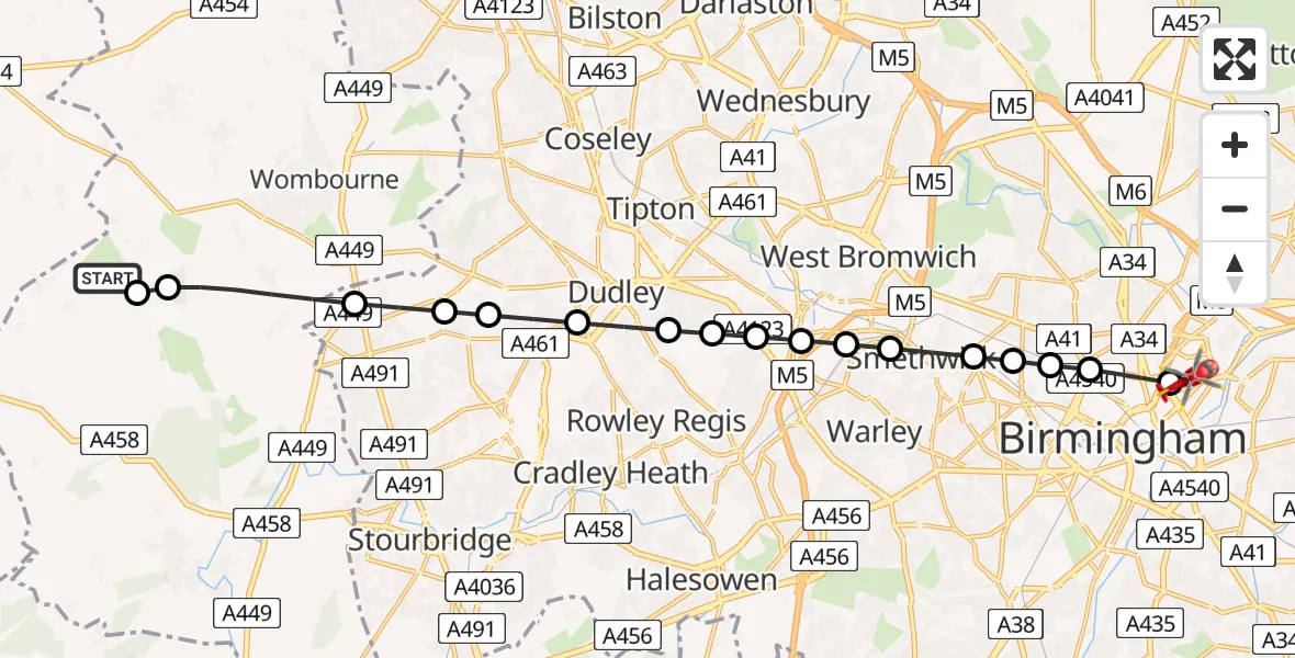 Flight route Air Ambulance Helicopter Wolverhampton Halfpenny Green Airport - Nechells, 09 July 2026, 17:29