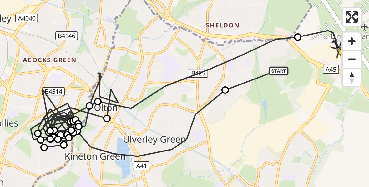 Flight route Police Helicopter Solihull - Birmingham Airport, 09 July 2026, 17:32