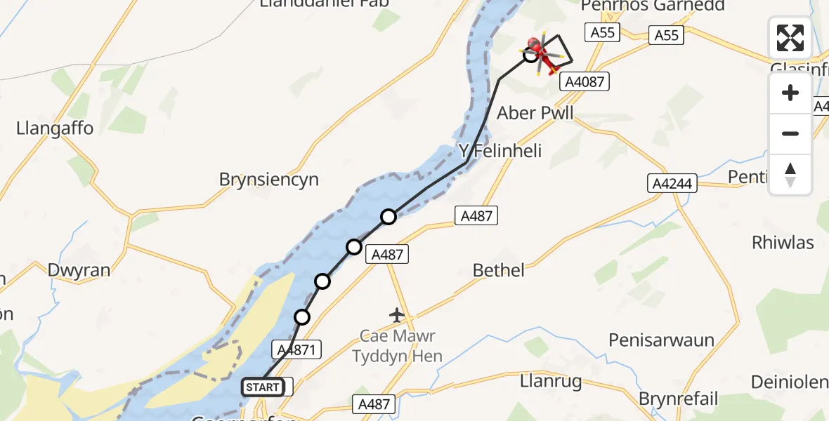 Flight route Air Ambulance Helicopter Caernarfon - Pentir, 09 July 2026, 17:39