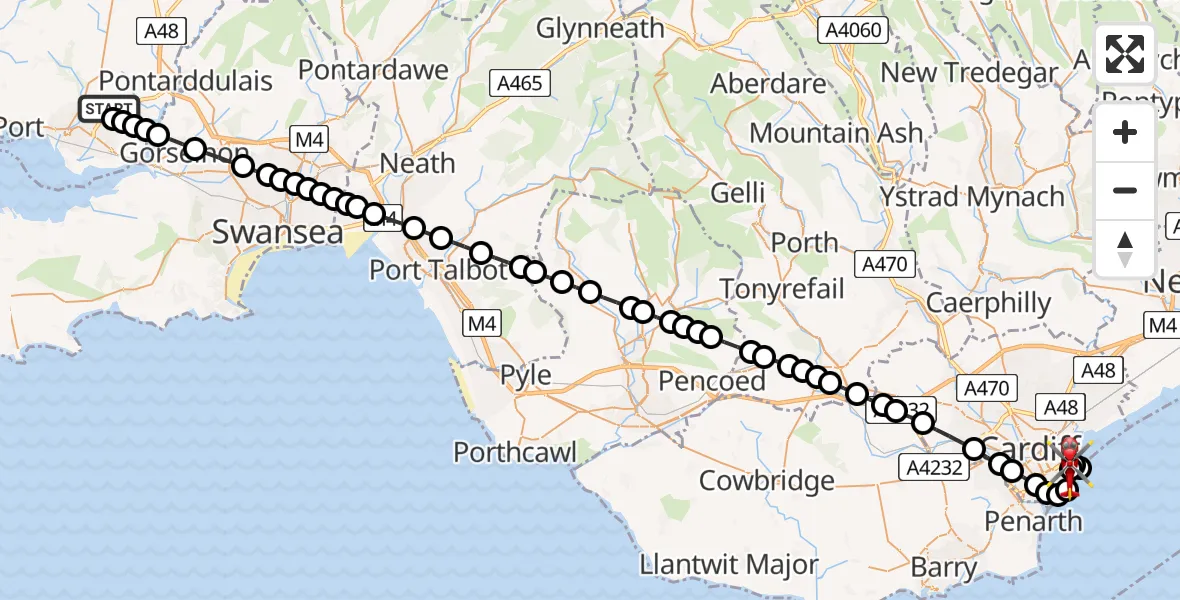 Flight route Air Ambulance Helicopter Dafen - Cardiff Heliport, 09 July 2026, 17:44