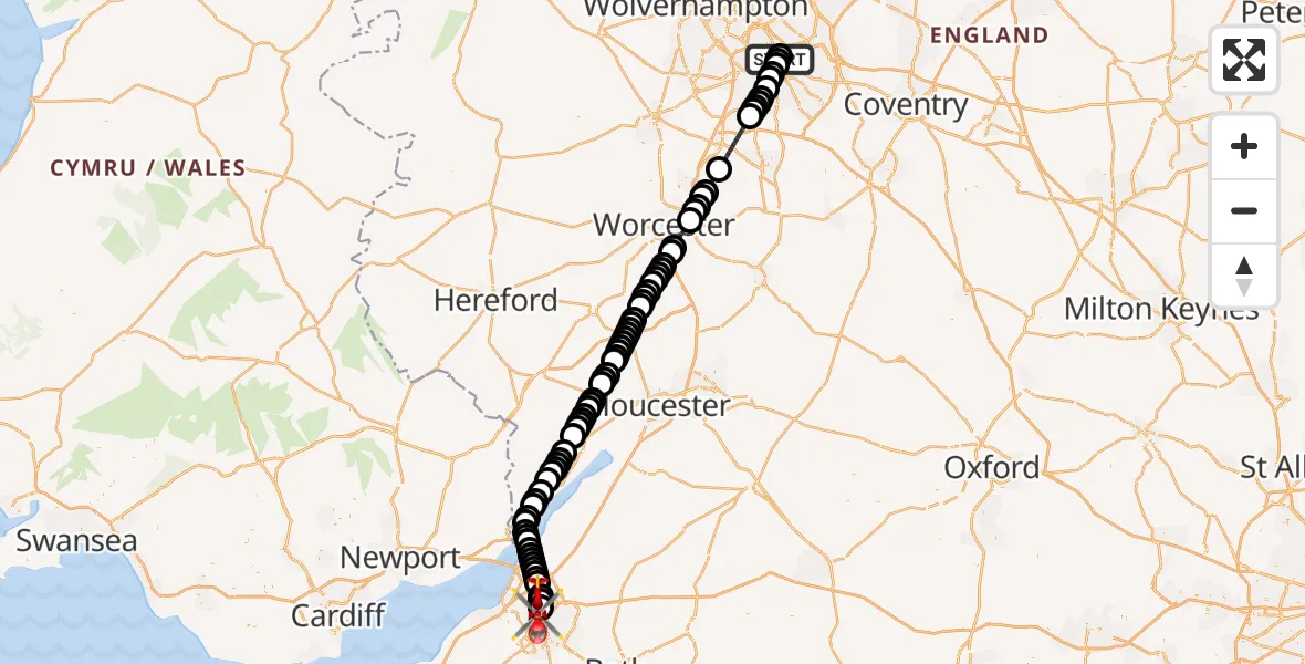 Flight route Air Ambulance Helicopter Nechells - Bristol, 09 July 2026, 17:52