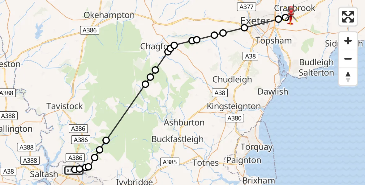Flight route Air Ambulance Helicopter Derriford Hospital - Exeter International Airport, 09 July 2026, 17:58