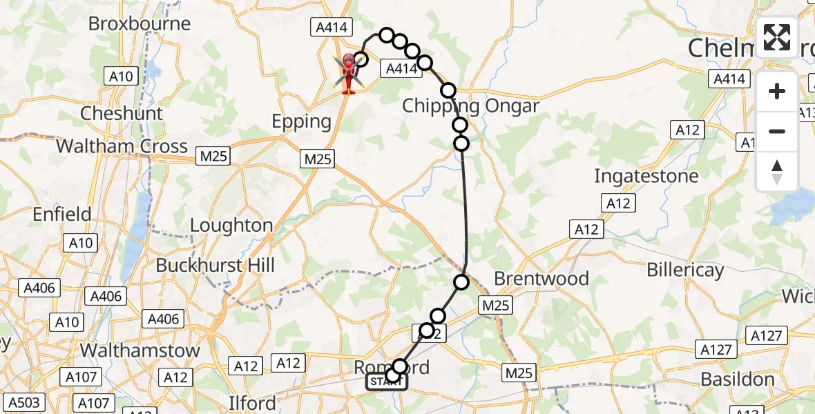 Flight route Air Ambulance Helicopter Queens Hospital Romford - North Weald Airfield, 09 July 2026, 18:02