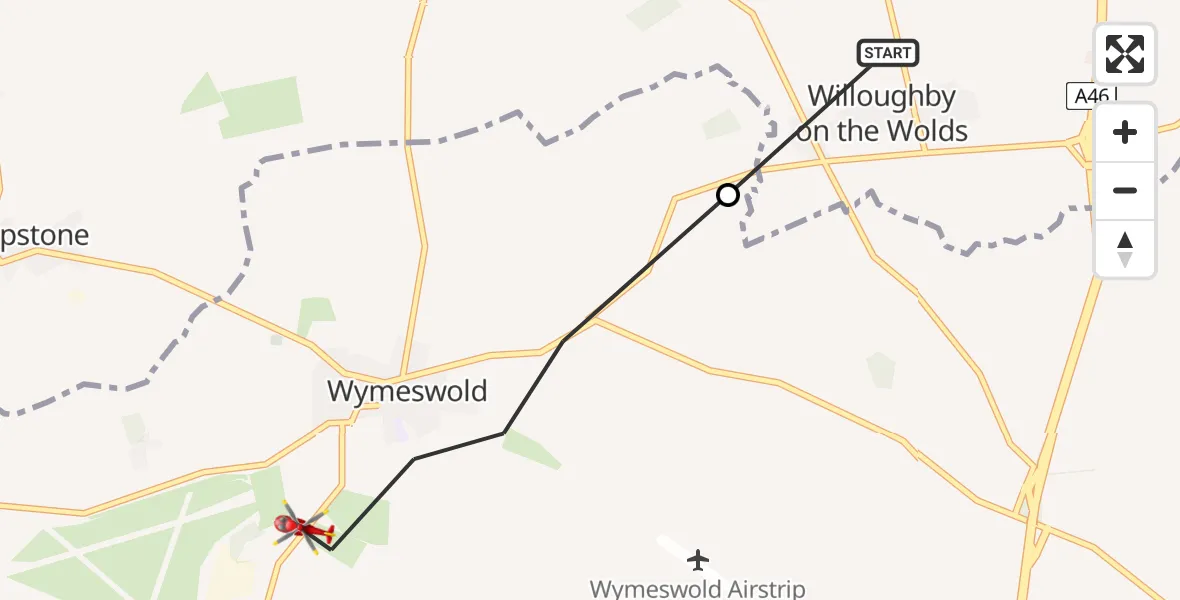 Flight route Air Ambulance Helicopter Willoughby on the Wolds - Wymeswold, 09 July 2026, 18:04