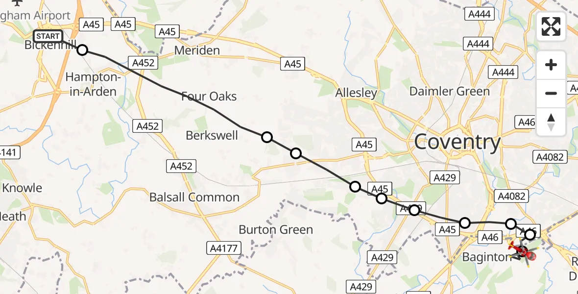 Flight route Air Ambulance Helicopter Solihull - Coventry Airport, 09 July 2026, 18:09