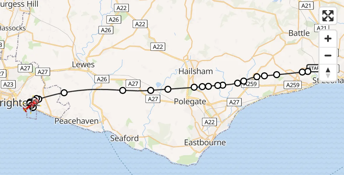 Flight route Air Ambulance Helicopter Rother - Brighton, 09 July 2026, 18:15