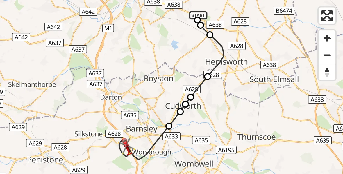 Flight route Air Ambulance Helicopter YAA Nostell Helicopter Port - Barnsley, 09 July 2026, 18:18