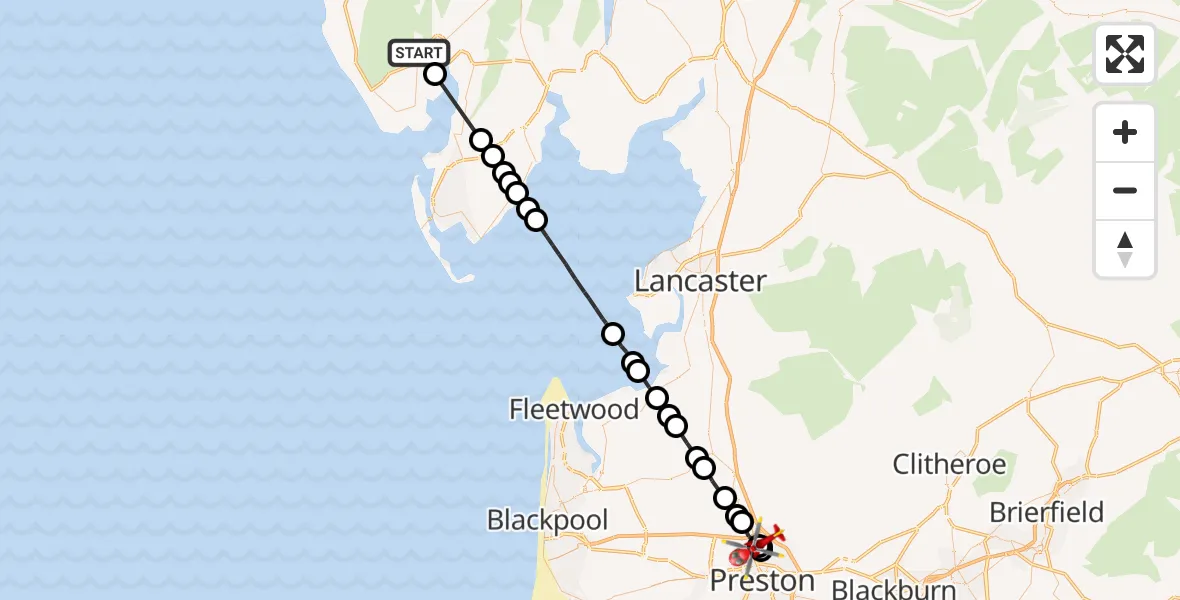 Flight route Air Ambulance Helicopter Hallthwaites - Broughton, 09 July 2026, 18:26