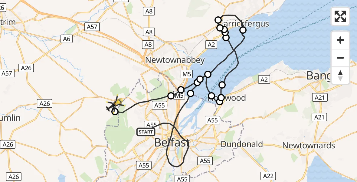 Flight route Police Helicopter Belfast City District - Antrim and Newtownabbey District, 09 July 2026, 18:32