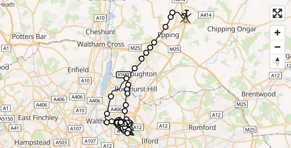Flight route Police Helicopter Sewardstonebury - North Weald Airfield, 09 July 2026, 18:39